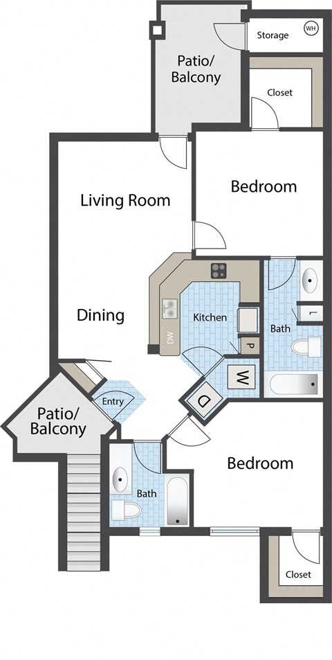 Floor plan for 2 beds, 2 baths, 1005 sqft